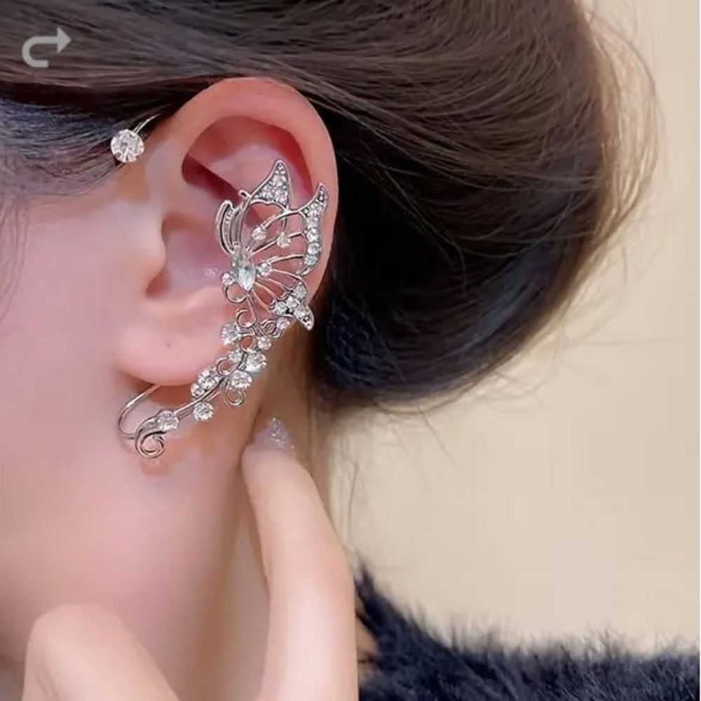 Silver Butterfly Rhinestone Right Ear Clip Earring​​​